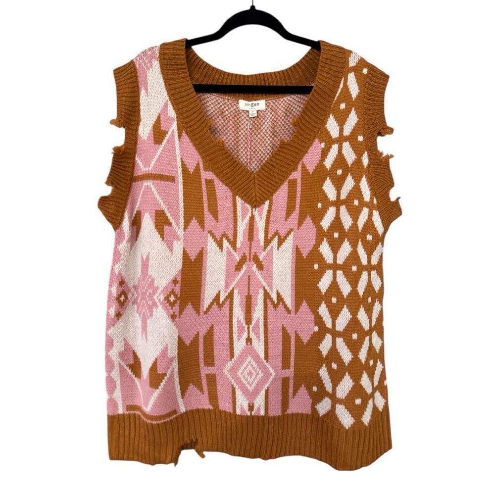 Umgee Women's Knit V-neck Distressed Rib Trim Sweater Vest Brown Pink Small NWT